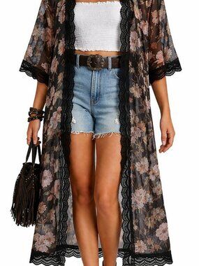 Boho Chic Coquette Floral Romantic Summer Torrid Hippie Long Kimono [size 1/2]